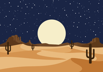Desert Landscape with Cacti, Mountains, Moon, and Starry Sky Illustration