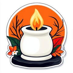 White Candle with Orange Background and Floral Accents