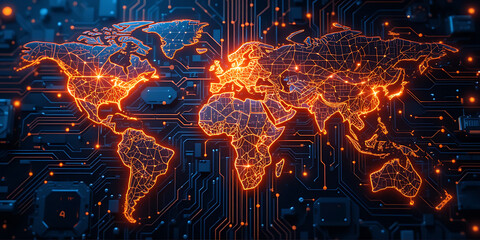 Fototapeta premium Digital world map illuminated by glowing orange circuits on a dark background