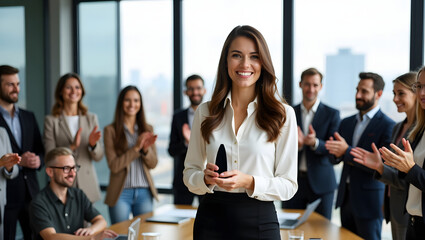 Obraz premium Elegant Businesswoman Addressing Crowd – Confident Leader in Modern Office