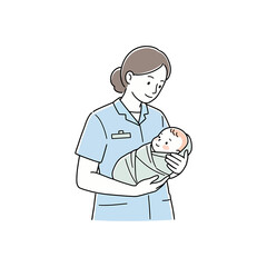 A professional cartoon doctor standing smiling wearing a uniform, holding a baby