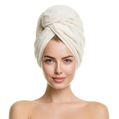 Woman with towel on head on transparent background