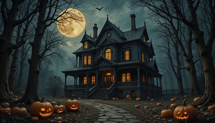 Halloween Haunted House with Glowing Pumpkins