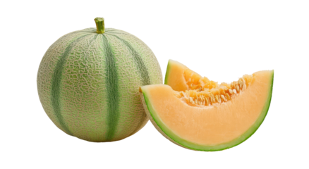 Cantaloupe, whole and sliced, vibrant colors
