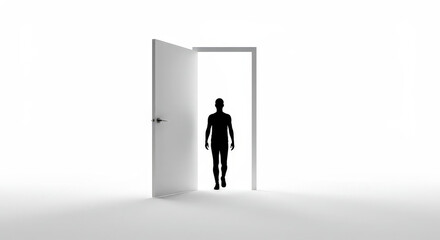 Obraz premium Silhouette of a person walking through an open doorway on white background