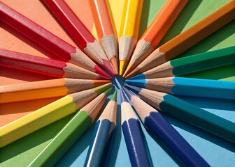 Fototapeta premium Vibrant rainbow of sharpened colored pencils arranged in a circle
