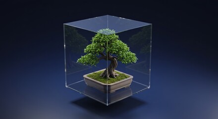 A perfectly symmetrical bonsai tree growing inside a transparent cube