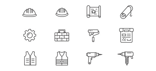 Line icons illustrating construction and building related tools and equipment