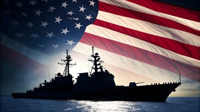 Silhouette of a powerful warship sailing under the american flag at sunset