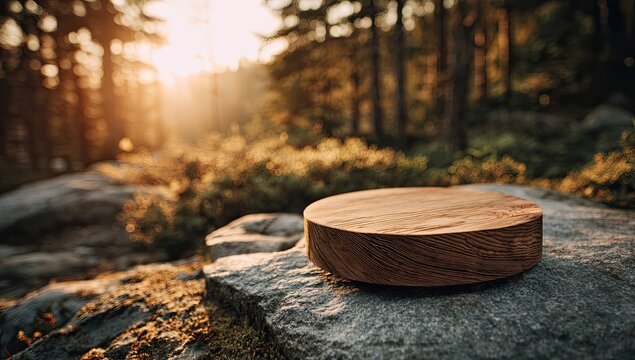 Wooden disc on rocks in forest at sunset (1)