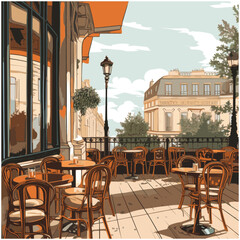 Elegant Street Café Scene with Tables and Chairs in Artistic Illustration