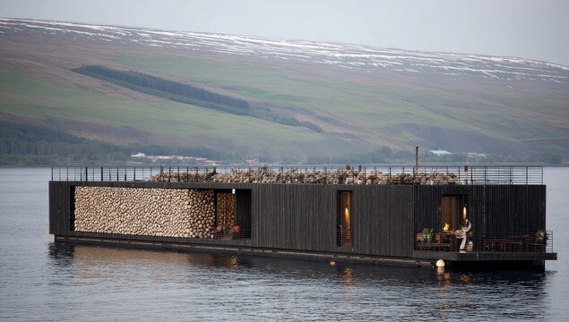 Dark floating house on a lake with stacked wood - Powered by Adobe