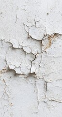 Cracked white paint on a wall.  Intricate network of fissures and peeling, with hints of aged, light brown