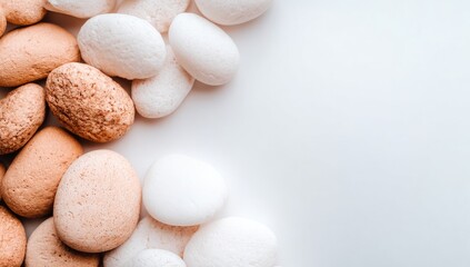 Beige and white smooth stones on white background