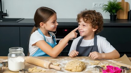 Two happy children playfully making cookies in a kitchen, with flour on their faces and dough on the table