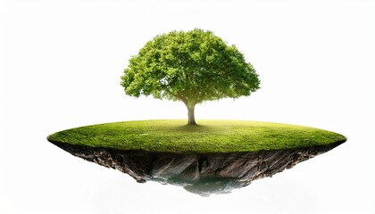 green tree growing on floating island isolated white background