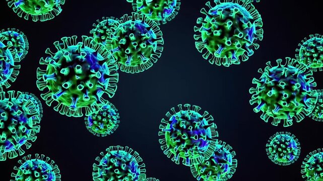 Immerse yourself in a detailed visual of microscopic virus structures, revealing the vibrant complexity and intricate designs of viral particles in vivid colors. Witness the microscopic world in stunn