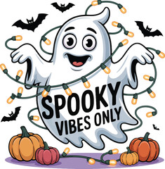 Cartoon Ghost with Lights and Pumpkins Vector Illustration