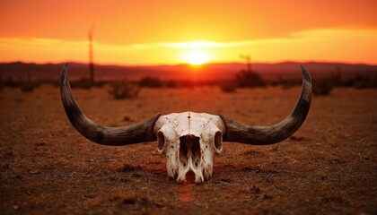 Weathered bull skull sits in dry field at sunset, sun directly behind horns. Orange, red sky. Dry ground, sparse vegetation. Nature, wild animal bone symbolises death and landscape.