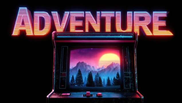 Retro arcade cabinet with "ADVENTURE" text, displaying a sunset over mountains and forest