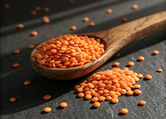 Wooden spoon filled with red lentils on dark surface