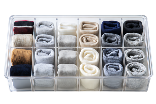 Clear plastic organizer with rolled up socks in compartments isolated on transparent background