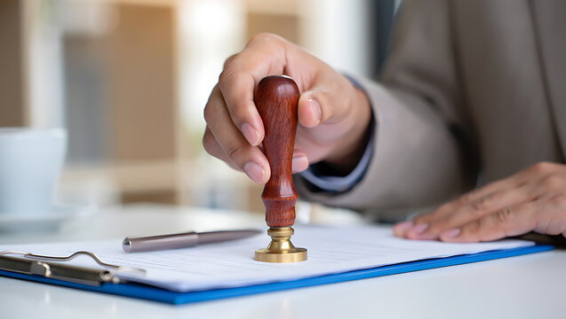 Hand holding wooden stamp over document clipboard - Powered by Adobe