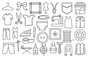 Hand Drawn Sewing and Tailoring Icons – Doodle Style Fashion Tools, Clothes, Scissors, Sewing Machine, Thread, Needle, Measuring Tape, Button, Iron, Shop, Pattern