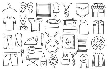 Hand Drawn Sewing and Tailoring Icons – Doodle Style Fashion Tools, Clothes, Scissors, Sewing Machine, Thread, Needle, Measuring Tape, Button, Iron, Shop, Pattern