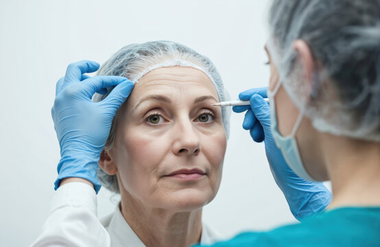 Close-up of doctor marking woman forehead for cosmetic injection. Doctor wears blue gloves, mask, woman prepared for beauty treatment. Scene step in facial rejuvenation, likely botox filler