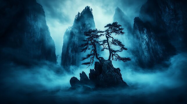 3. Misty mountain landscape with layered tree silhouettes in soft tones, displaying overlapping mountain slopes with dark tree shapes gradually dissolving into pale mist under soft diffused