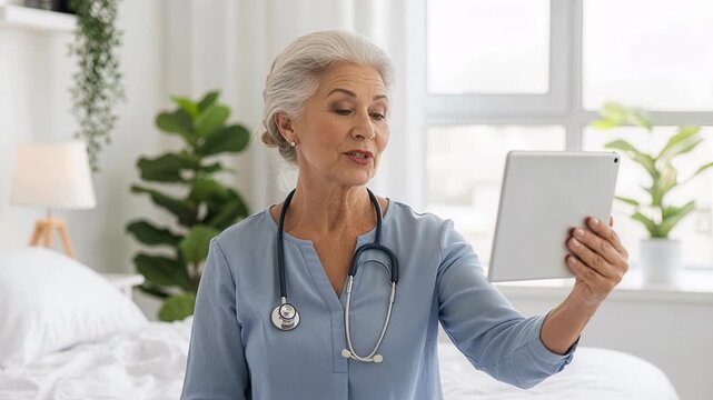 Patient woman discussing medication treatment with healthcare provider during virtual medical consultation holding prescription pills