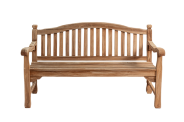 A light brown wooden park bench with an arched back