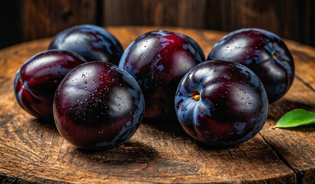Dark purple java plums on wood surface, healthy tropical fruit photo