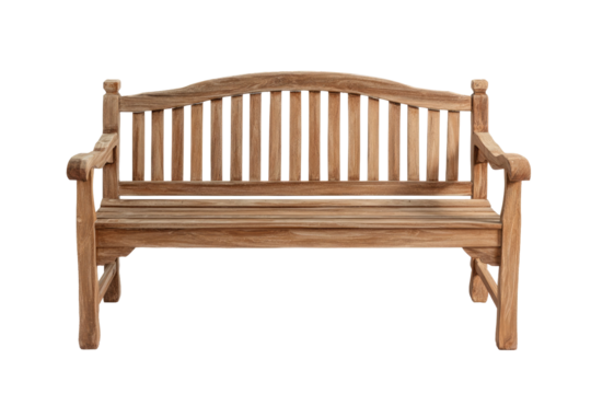 A light brown wooden park bench with an arched back