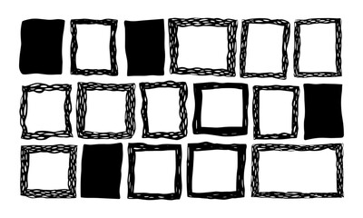 Organic hand-drawn rectangles and doodle frames, wavy rough-edged squares, abstract brush stroke borders, textured irregular boxes, playful cartoon banners, vector speech