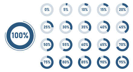 Infographic circle with percentage from 0 to 100 loading progress interface icon set isolated on white background