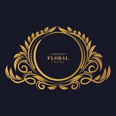 Royal Golden Floral Wreath Frame Vintage Vector Elegant Border Template Luxury Premium Ornamental Design Element Swirl Dark Background Wedding Invitation Label Certificate Banner
