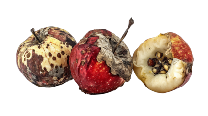 Three rotten apples with mold and decay isolated on transparent background