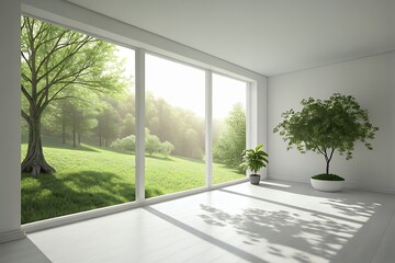 Bright modern interior room with large windows overlooking a lush green sunny park and trees
