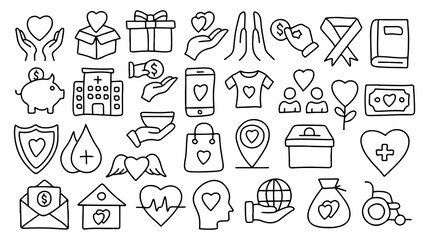 Charity and Donation Doodle Icons – Volunteer, Fundraising, Medical Help, Love, Heart, Blood...