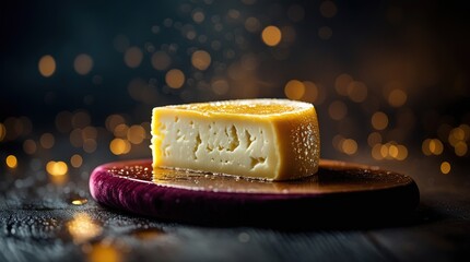 A block of cheese is displayed on a rustic wooden board, highlighted by warm lighting that accentuates its smooth surface and rich texture. The dark background enhances its visual appeal.