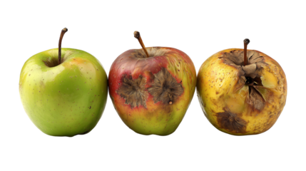 Three apples showing stages of decay isolated on transparent background