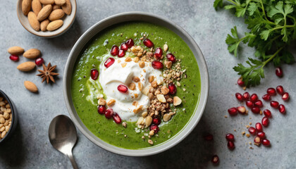 Vibrant green smoothie bowl topped with fresh pomegranate seeds, crunchy nuts, creamy whipped cream. Healthy, delicious breakfast snack, vegan, vegetarian, organic dish packed with vitamins,