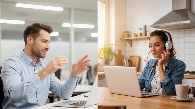 Professional coach providing online consultation and guidance to smiling client during split screen video call meeting session