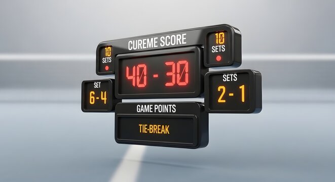Dynamic digital scoreboard displays thrilling tennis match score with glowing red numbers and set updates capturing intense competition