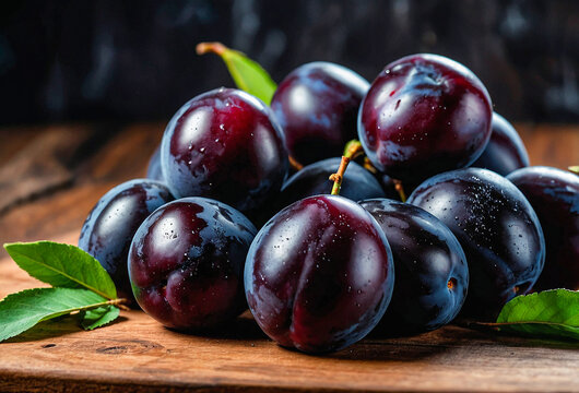 Grouped java plums on cutting board, glossy fresh fruit presentation