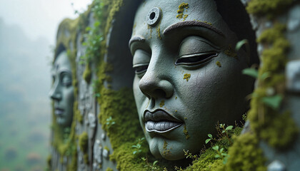 A serene, moss-covered stone sculpture in mystical muted colors, representing Ancient Wisdom