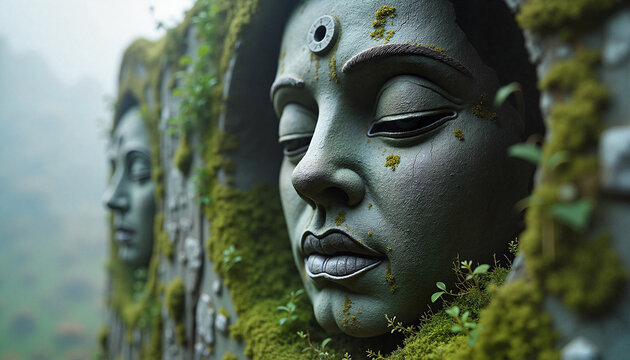 A serene, moss-covered stone sculpture in mystical muted colors, representing Ancient Wisdom - Powered by Adobe