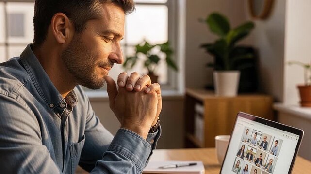 Businessman nodding and communicating with multiple colleagues during professional video call meeting using laptop technology in office